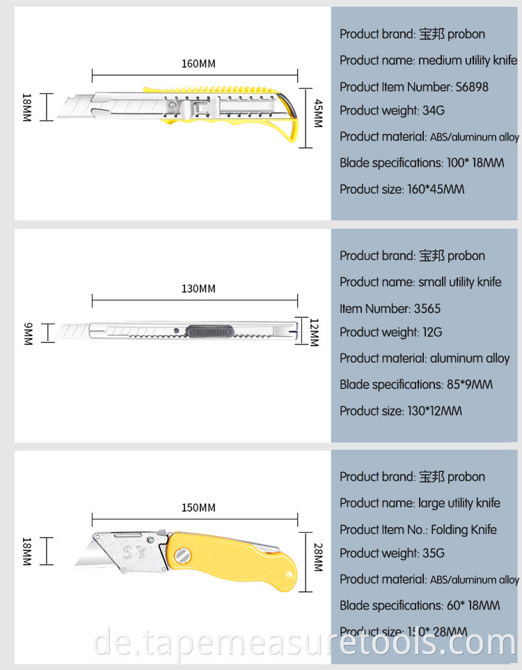 Großverkauf der Fabrik Größe 9mm18mm schweres selbstsicherndes Universalmesser gepflanztes Papiermesser Tapetenmesser